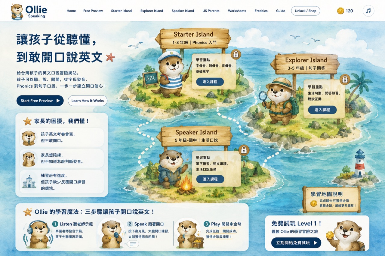 Ollie Speaking 海獺課程地圖：Starter Island、Explorer Island、Speaker Island